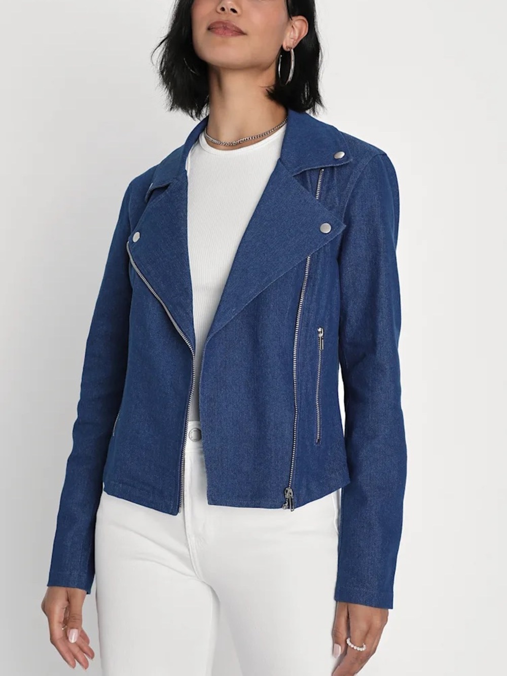 Lulus Women’s Small Modern Edge Blue Medium Wash Denim Moto Jacket